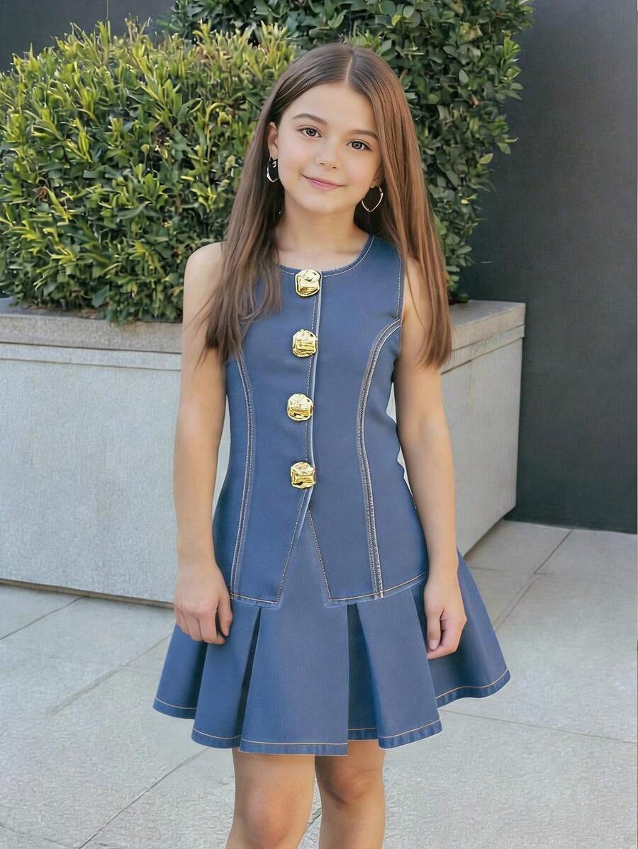 SHEIN 青少年女孩優雅2件式休閒極簡法式金屬大鈕扣無袖薄丹寧西裝外套與高腰百褶丹寧裙,奢華風裝飾鈕扣開襟背心+百褶迷你裙套裝,適合派對Y2K兩件式穿搭、辦公穿搭、秋季返校與返校舞會 - 淺色水洗藍 - 查看 1