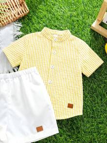 SHEIN 2pcs/Set Baby Boy Comfortable Casual Versatile Yellow Striped Collared Short Sleeve Shirt And White Shorts Set, Suitable For Indoor, Outdoor, Daily, Sports, Play, Party, Photo Shoot, Holiday, Festival - Yellow - View 6