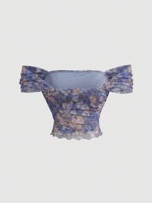 SHEIN MOD 复古绿色油画植物印花网纱两件套，露肩、美人鱼式、不对称下摆设计——完美适用于度假、约会、野餐、派对、舞会和节日庆典 - 淺灰紫 - 查看 5
