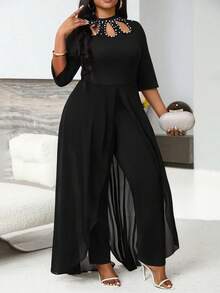 Villa Velisse Plus Size Asymmetrical Hem Cape Embroidered Beaded Short Sleeve Jumpsuit - Black - View 5