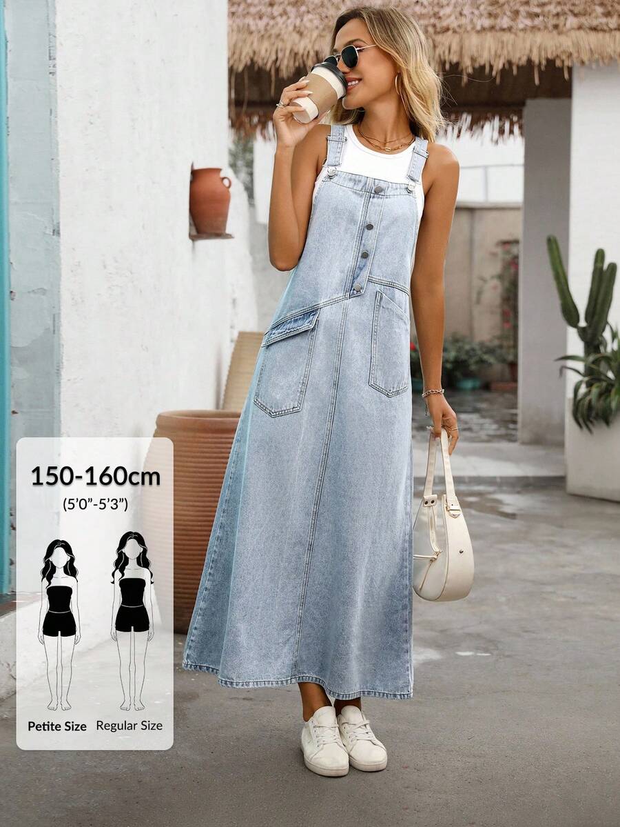 SHEIN PETITE 休闲宽松修身A字水洗浅蓝色牛仔连衣裙（女款） - 淺色水洗藍 - 查看 1