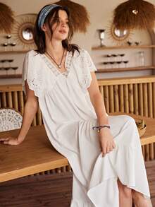 Lullawish Bohemian Style Romantic Embroidered Floral Lace Patchwork V-Neck Ruffle Trim Loose Long Nightgown For Women - White - View 6