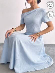 Modelyn Elegant Asymmetric Neck Short Sleeve Baby Blue Cotton Fitted Flared Dress, Fashionable For Summer Tea Party - Baby Blue - View 6