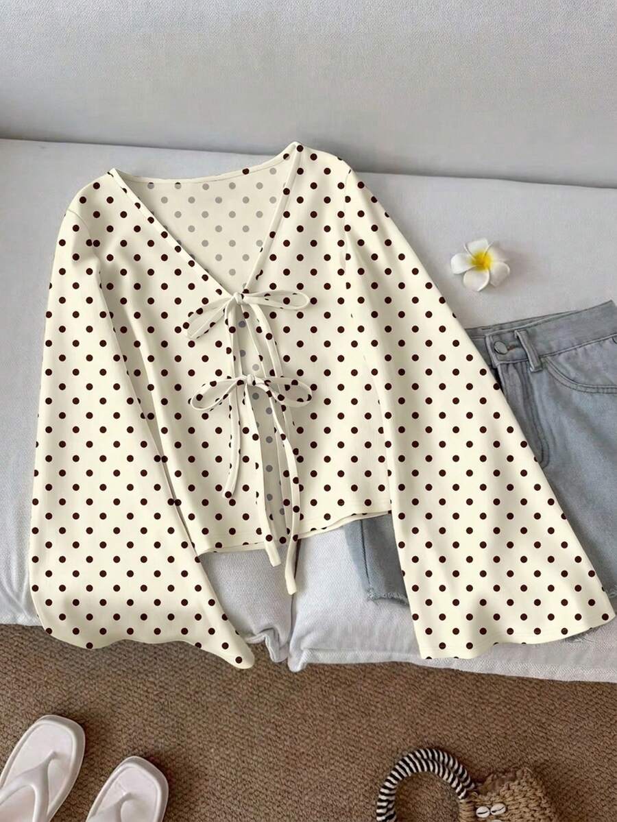 SHEIN LUNE Áo kiểu nữ tay loe buộc dây phía trước, in họa tiết, thích hợp cho mùa thu/đông. - Màu be - Xem 1