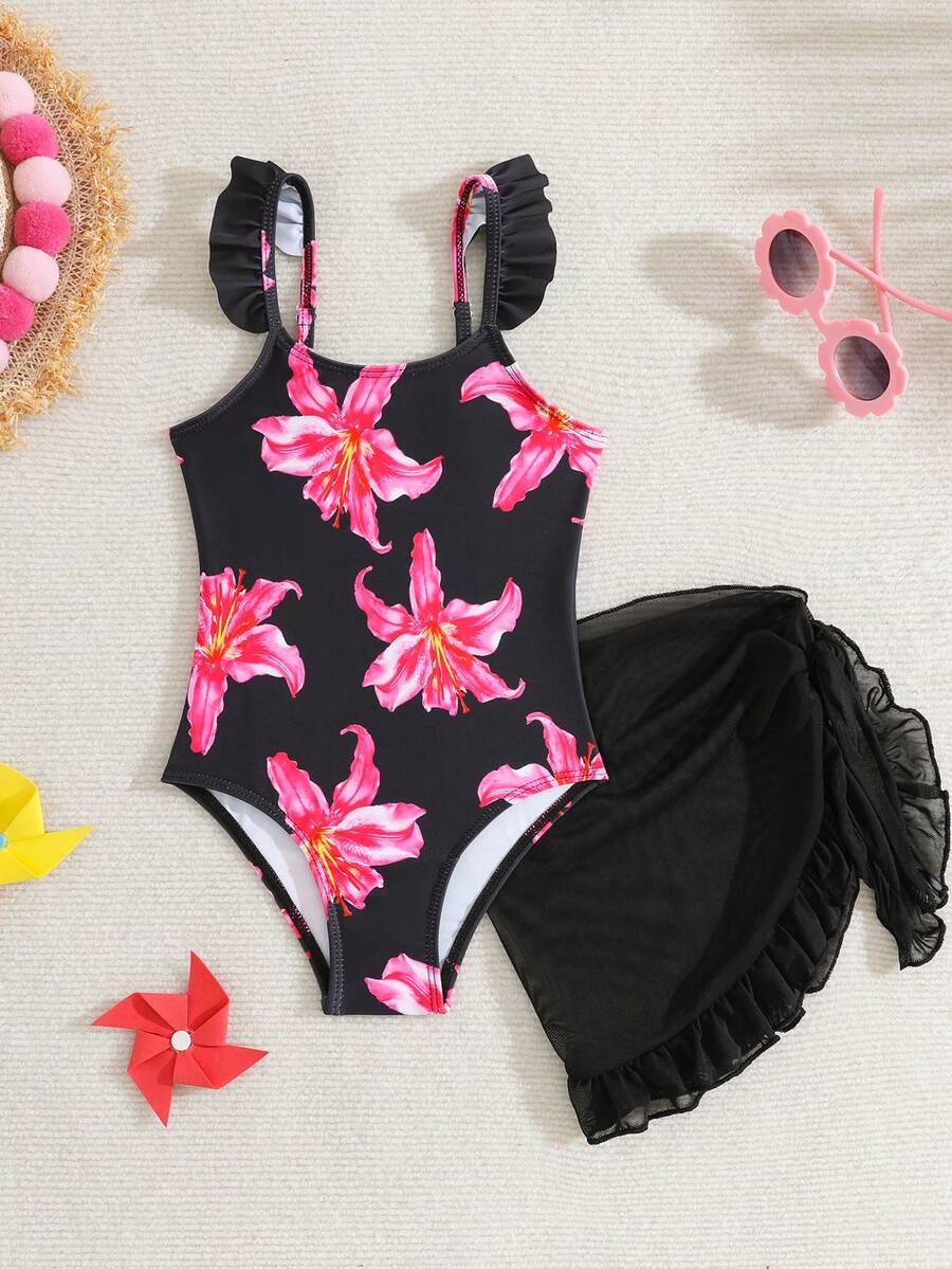 SHEIN 女童碎花荷叶边连体泳衣,带罩衫和裙子 - 黑色 - 查看 1
