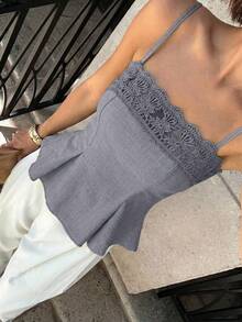 Mirada de sirena 2026 Nueva camiseta de mujer con ribete de encaje, top corto y sexy sin tirantes con ribete de encaje, top con cuello de encaje, top de mujer de cuello cuadrado, top de ganchillo, top de encaje de mujer, camiseta casual de verano de color albaricoque sólido minimalista, top de campesina de encaje crema, top de tirantes, top con volante y ribete de encaje, blusa de estilo francés, blusa para mujer elegante y clásica, blusas y tops de mujer para el verano - Gris - Ver 5