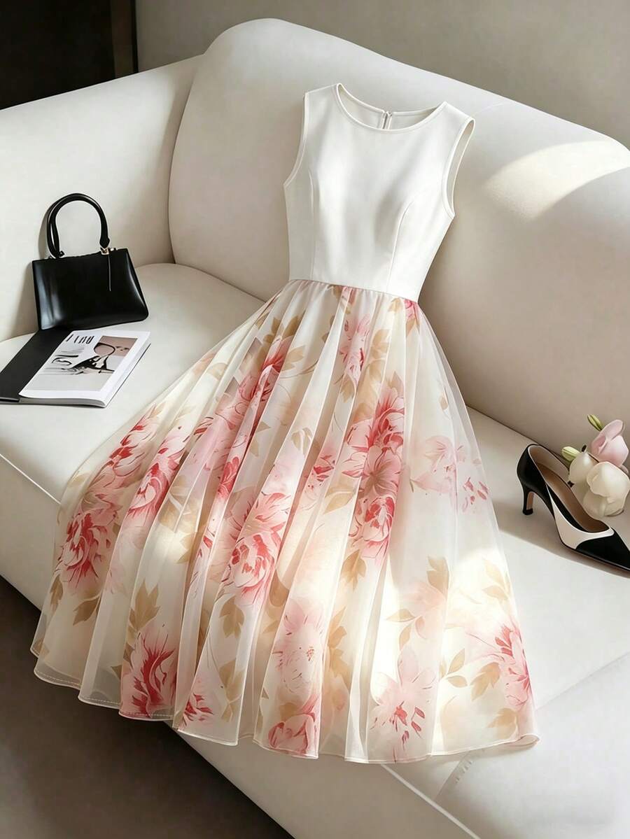 GlowEve Chiffon Printed Patchwork Sleeveless Romantic Vacation Dress For Women Beautiful Dresses For Woman Fashion Dress Floral Dress Women Wedding Lovely Dress - Pink - View 1