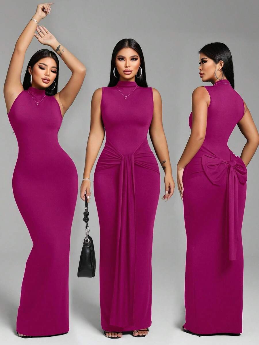 Zolique Vestido largo y sexy con cuello alto y lazo delantero para mujer - Rosa Fucsia - Ver 1