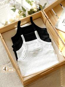SHEIN Vintaside Kids 4件套新生女宝宝碎花连体衣，乡村风时尚优雅可爱舒适柔软面料套装，适合春夏穿着 - 黑與白 - 查看 3