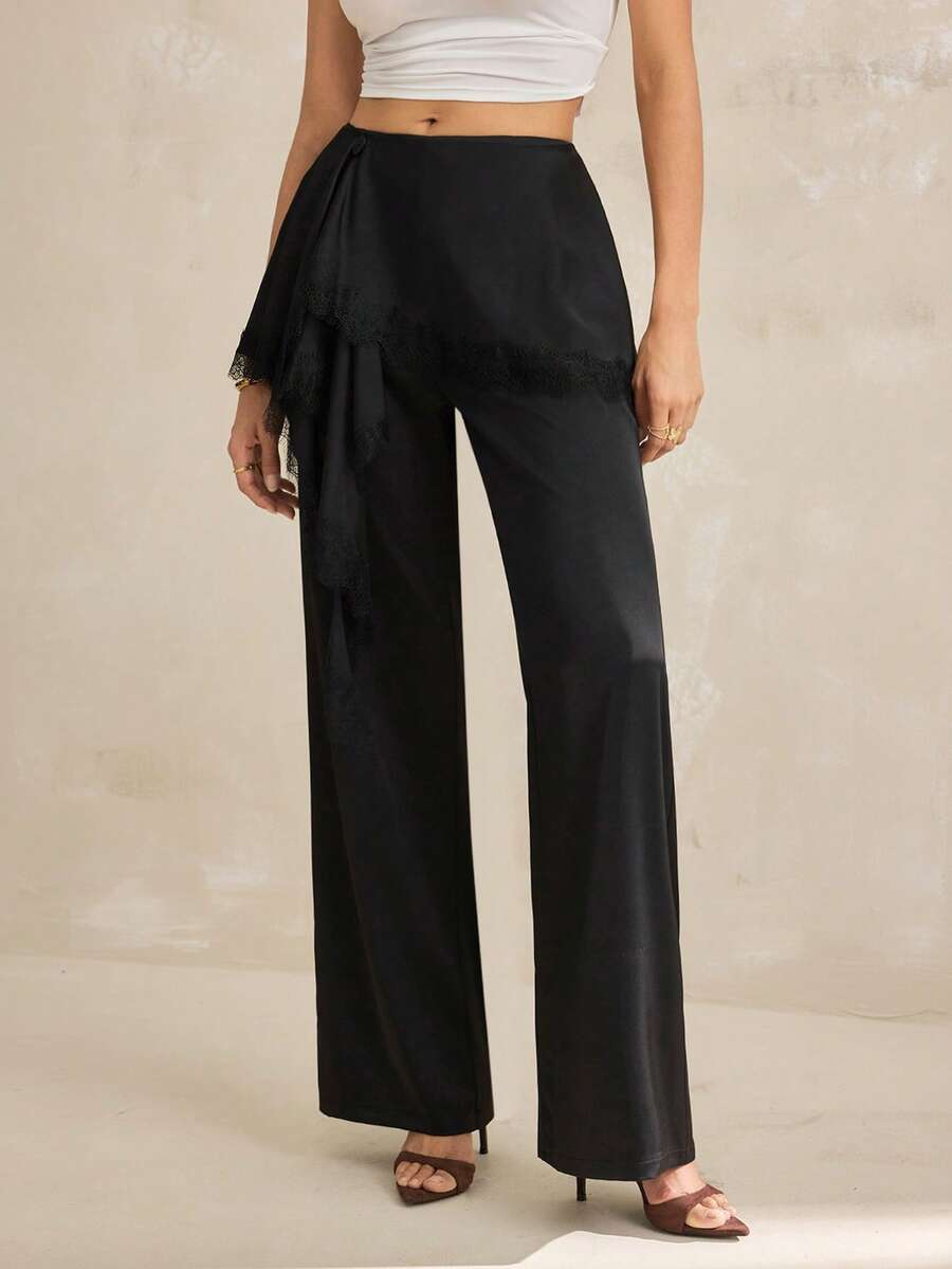 SHEIN Tall Mẫu mới 2026 phong cách tối giản Xuân/Hè dành cho nữ: Quần ống rộng phối ren, xếp ly, đa năng, thích hợp đi làm. - màu đen - Xem 1