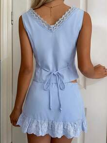 SHEIN EZwear 女士蕾丝拼接V领无袖上衣和半裙套装（2件套），蓝色，夏季 - 藍色 - 查看 2