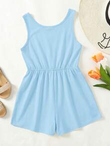 SHEIN Bộ áo liền quần rộng rãi, thoải mái cho bé gái tuổi teen, thích hợp cho kỳ nghỉ và đi biển. - Màu xanh lam - Xem 2