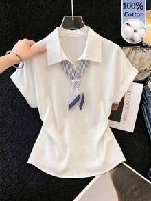 SHEIN Franclia Women's 100 Cotton Loose-Fitting Casual White Shirt, Summer Elegant Office Work Blouse With Scarf Collar, Short Sleeve Fashionable Commuting Top - White - View 4