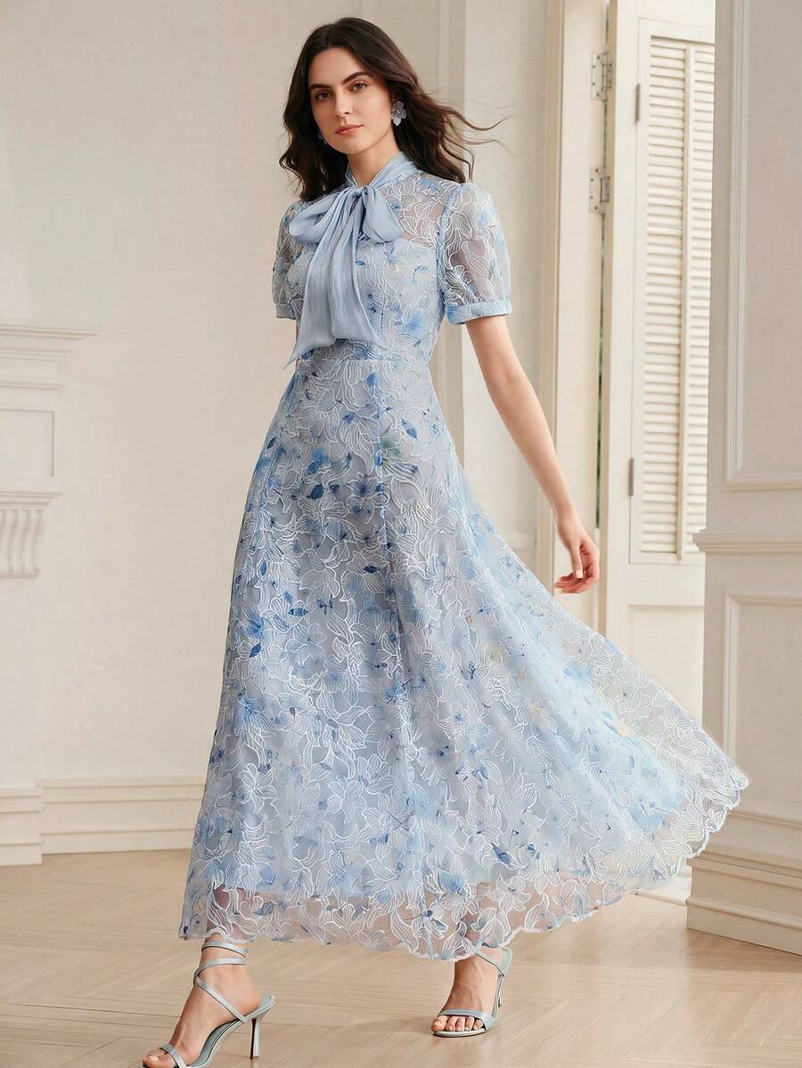 Anewsta 春/夏新款優雅知性刺繡花卉領結領巾泡泡袖A字洋裝女款 - 淺藍色 - 查看 1