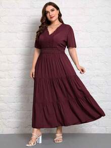 SHEIN VCAY Plus Size Solid Color V-Neck Short Sleeve Pleated Casual Long Dress - Red Violet - View 3