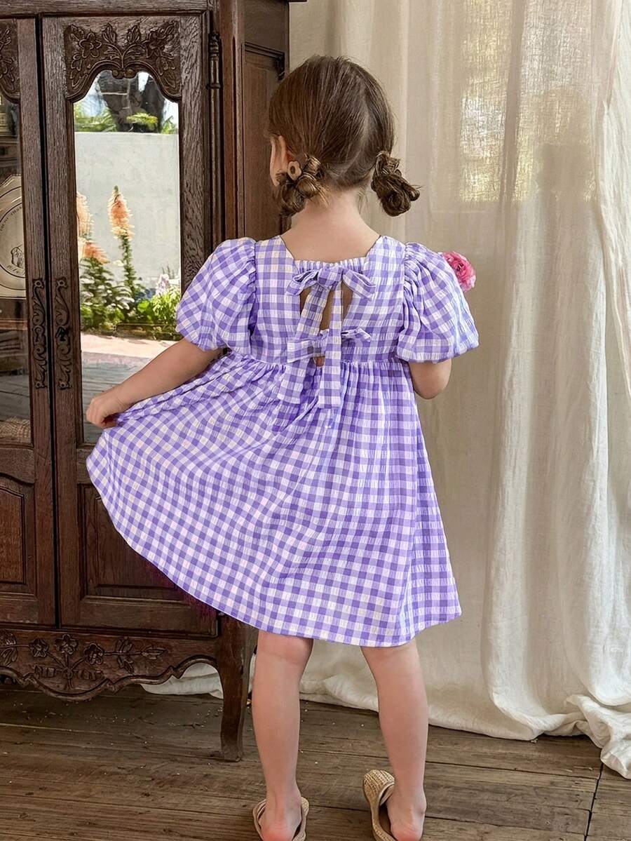 LMoss Kids 女童格纹方领泡泡袖修身连衣裙 - 紫色 - 查看 1