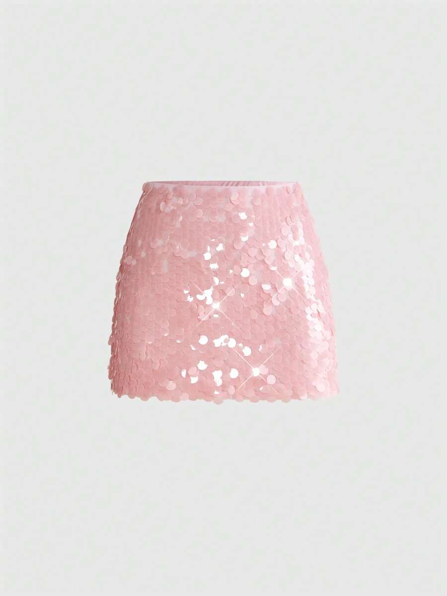 ROMWE Fairycore Plus Size Sequin Embellished Mini Skirt, Party Style Fall - Pink - View 1
