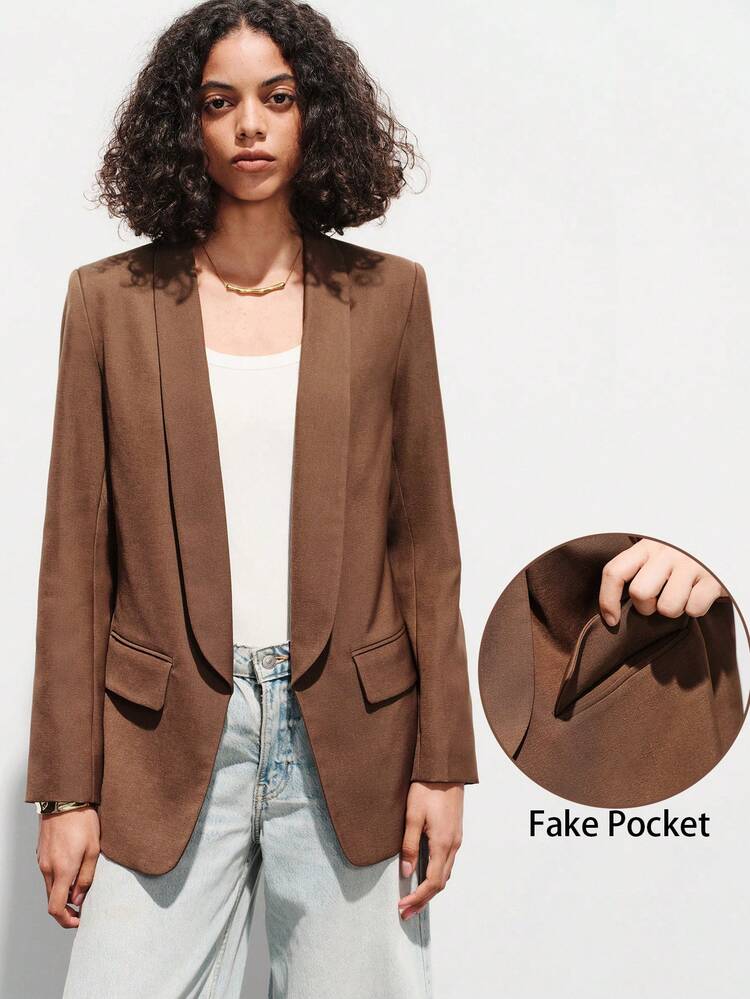Lumivelle Áo blazer dài tay màu trơn tối giản thời trang dành cho nữ, thích hợp cho công sở/đi làm. - Cà phê nâu - Xem 1