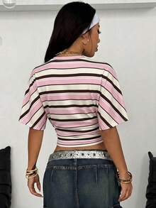 Coolane Women's Pink And White Crew Neck Short Sleeve Casual Streetwear Y2k Versatile T-Shirt, Summer Top Night Out - Multicolor - View 2