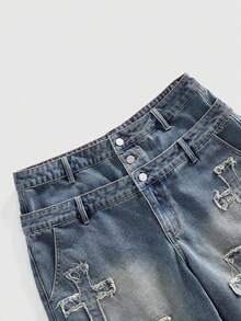 ROMWE MEN Street Life Quần short denim nam hai lớp cạp chun rách có miếng vá hình chữ thập. - Màu xanh lam - Xem 3