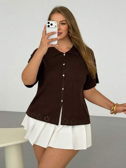 Auralis Áo khoác cardigan dệt kim cổ bẻ một hàng khuy đa năng dành cho nữ cỡ lớn