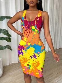 Eryvara Đầm hai dây ôm sát in họa tiết nhuộm tie-dye thời trang dành cho nữ, thích hợp cho mùa hè. - Nhiều màu - Xem 7