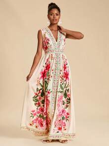 Travachic Women's Floral Print V-Neck Sleeveless Dress, Vacation - Multicolor - View 3