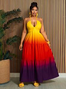 Villa Velisse Plus Size Women Elegant Brown Summer Satin Beach Vacation Holiday V-Neck Backless Big Bow Ombre Maxi Dress 3D Gradient Waist Cinched Ruffle Hem Design - Multicolor - View 4