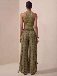Zivah 2026 Spring/Summer New Bohemian Style Loose Drawstring Waist Side Pocket Wide Leg Pants With Floral Retro Print, Green - Green - View 3