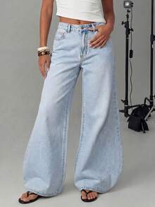 Avantive Quần jeans nữ ống rộng, túi xéo, kiểu dáng thường ngày, chất liệu denim mài, thích hợp mặc hàng ngày. - Rửa trung bình - Xem 1