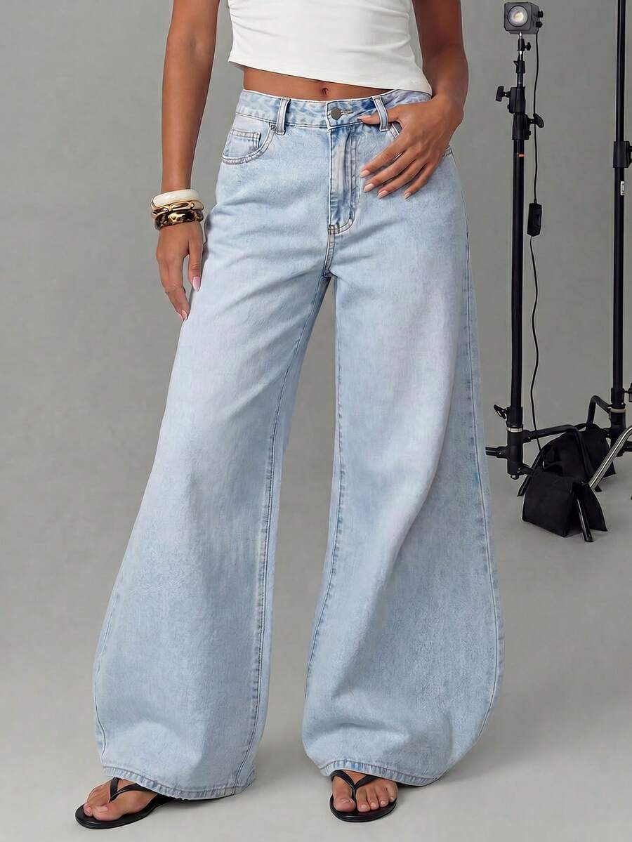 Avantive Quần jeans nữ ống rộng, túi xéo, kiểu dáng thường ngày, chất liệu denim mài, thích hợp mặc hàng ngày. - Rửa trung bình - Xem 1
