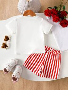 SHEIN Bộ 2 món cho bé gái sơ sinh/trẻ nhỏ 0-3 tuổi, họa tiết chó xúc xích, cổ tròn và quần short kẻ sọc hồng, thích hợp mặc hàng ngày, mùa xuân/hè. - Đỏ - Xem 8