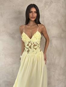 Aloruh Đầm chiffon ôm dáng thanh lịch dành cho nữ, viền ren tan trong nước, màu vàng nhạt. - Vàng nhạt - Xem 1