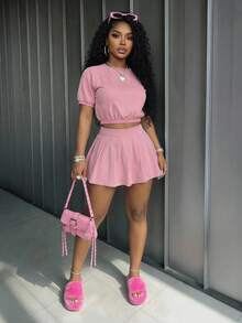 Slaydiva Women Two Pieces Set Light Pink Summer Casual School Back-To-School Y2k Clothes Loose-Fitting Round Neck Short-Sleeved T-Shirt+Pleated Skirt&Leggings - Pink - View 3
