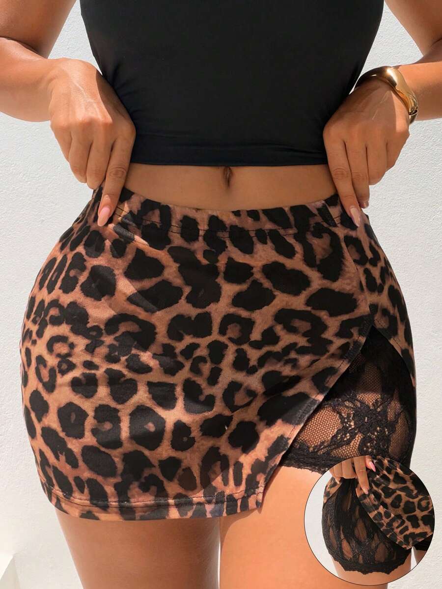 SHEIN SXY Women's Contrast Lace Leopard Print Split Seksi Sexy Chic Skorts Summer Party Night Brown Striped Cheetah Club Rave Night Out Elegant Casual Outfits