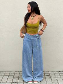 Rivivi Jeans de pierna ancha con lavado y amarre a la cintura de moda - Lavado ligero - Ver 3