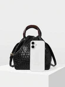 MOTF PREMIUM LADIES BLACK HANDBAG, EXQUISITE AND SIMPLE HOLIDAY WOVEN PU HANDBAG, ROUND HANDLE, OLD MONEY STYLE, HOLIDAY STYLE, RETRO STYLE, SUITABLE FOR LADIES, MOTHERS, COMMUTING, VACATION, DAILY, SHOPPING, TRAVEL - Black braid - View 4