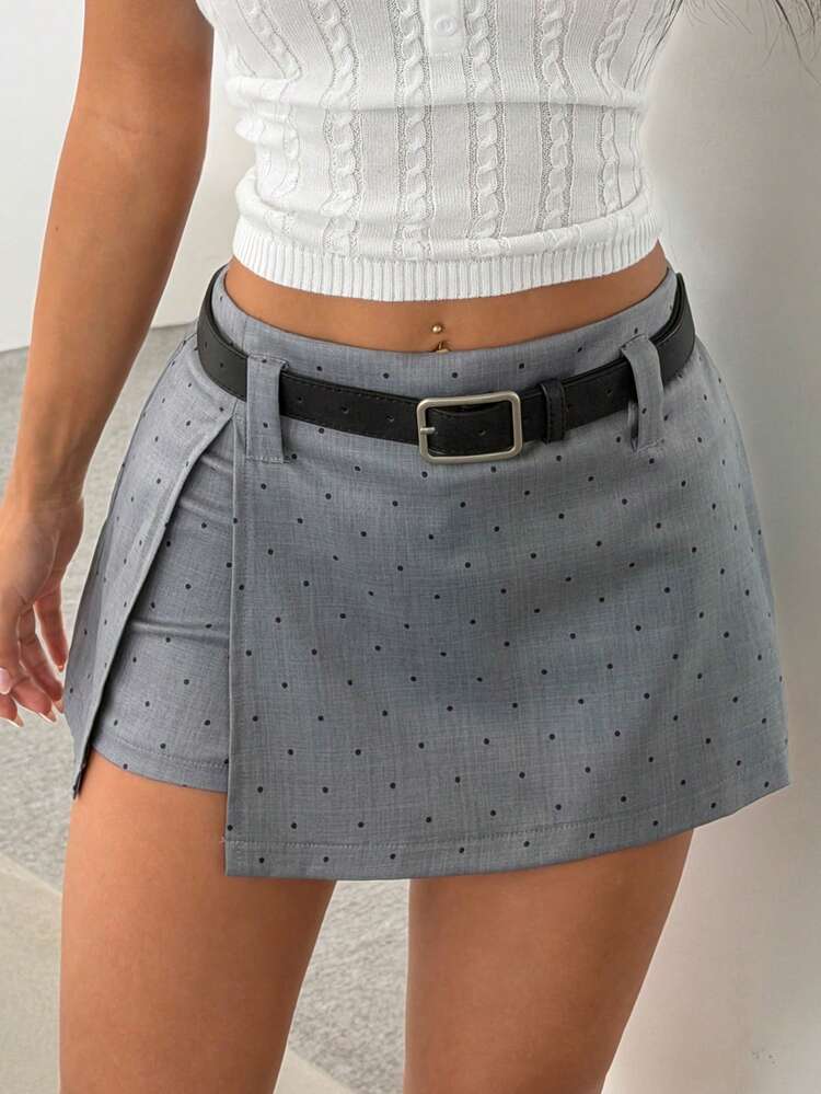 Polka Dot Wrap-Around Split Mini Skirt With Belt, Sexy Summer Holiday Skirt For Women