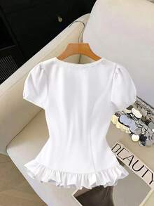 Blusa de cuello en V con volantes para vacaciones - Blanco - Ver 3