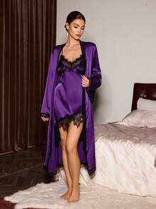 Slumberist Faux Silk Lace Patchwork Criss-Cross Backless Tie Robe Slip Dress 2 Pieces Set For Women Honeymoon Bridal Purple Autumn Elegant Sexy - Purple - View 3