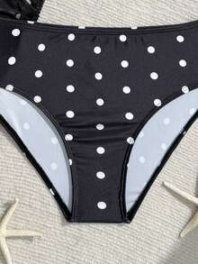 SHEIN Bộ đồ bơi 3 món cho bé gái tuổi teen: Áo và quần bikini in chấm bi, váy lưới. Thích hợp cho bãi biển, hồ bơi, mùa hè, kỳ nghỉ. - Đen và trắng - Xem 4