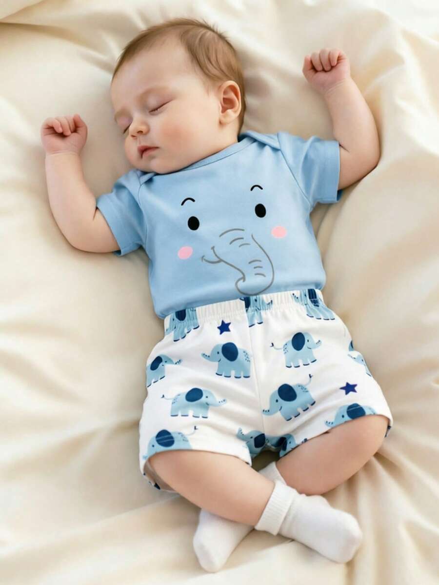 SHEIN Bộ đồ 2 món tay ngắn cho bé sơ sinh | Áo liền quần tam giác màu vàng nâu + quần short, họa tiết sư tử dễ thương, mềm mại và thoải mái, phù hợp cho mùa xuân/thu, tiệc tùng, dã ngoại và chụp ảnh. - Màu xanh nhạt - Xem 1