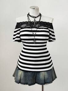 Sunspun Camiseta de manga corta con hombros descubiertos, estilo punk, con encaje a rayas, parches y talla grande - Camiseta acanalada estilo gótico Y2K - Multicolor - Ver 5