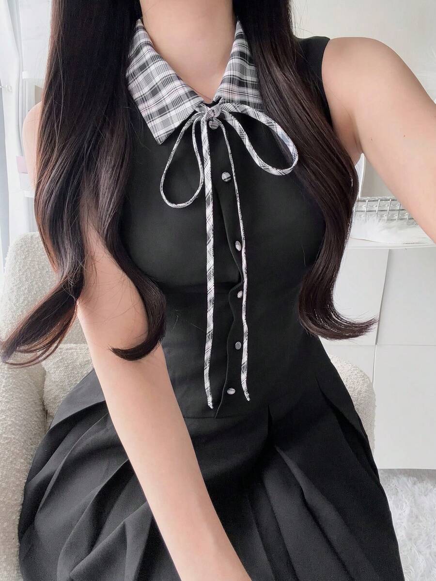 FRIFUL 女款夏季對比色襯衫領無袖格紋抽繩百褶中長洋裝 度假太陽裙 - 黑色 - 查看 1