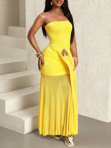 SHEIN BamGlam Summer Women's Beach Casual Vacation Strapless Mesh Patchwork Sheer Dress - Yellow - View 7
