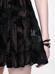 ROMWE Goth 春夏哥特风女士迷你连衣裙，细肩带交叉系带，植绒烧花月亮植物图案，性感 - 黑色 - 查看 3