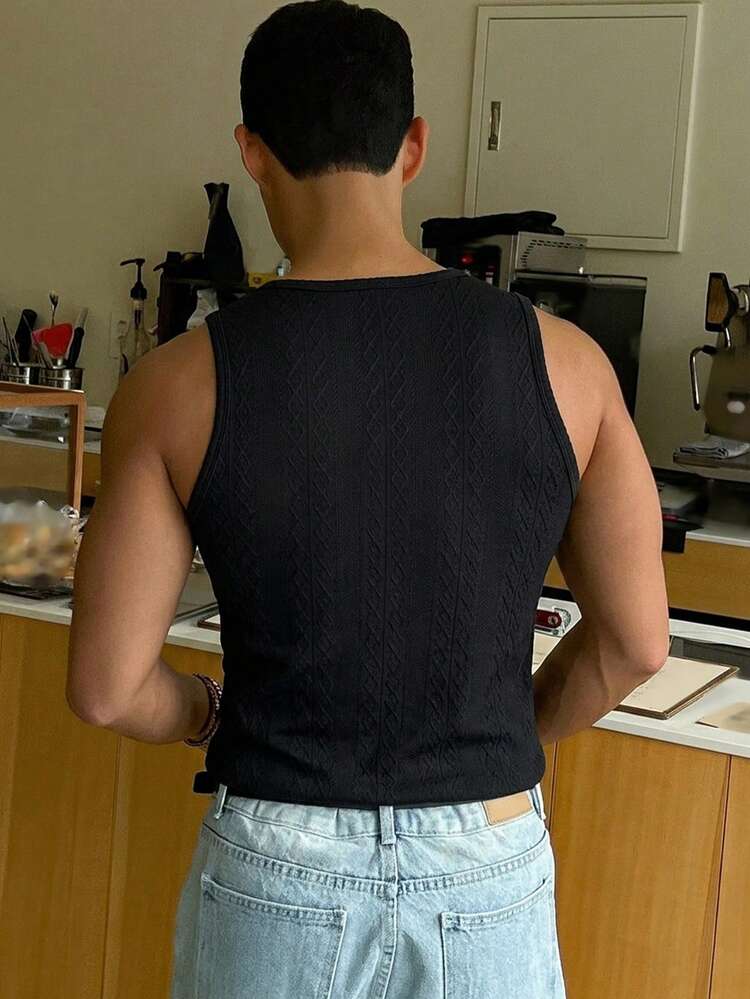 Black Slim-Fit Textured Fabric Casual Men's Tank Top Summer