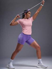 Powerista Solid Color Asymmetric Hem Round Neck Summer Short Sleeve Sports T-Shirt - Pink - View 7