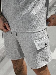 Manfinity CasualCool 男士灰色夏季休閒街頭風兩件套，純色圓領短袖T恤與短褲套裝，適合城市旅行、日常休閒、復古風格 - 灰色 - 查看 4