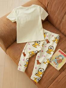 GARFIELD | SHEIN Bộ đồ mặc nhà thoải mái cho bé gái, gồm áo và quần ngắn tay cổ tròn in chữ hoạt hình. - Màu vàng - Xem 2